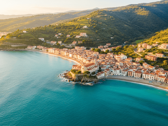 Panoramica della costa di Messina con case vacanza e paesaggi collinari verdi.