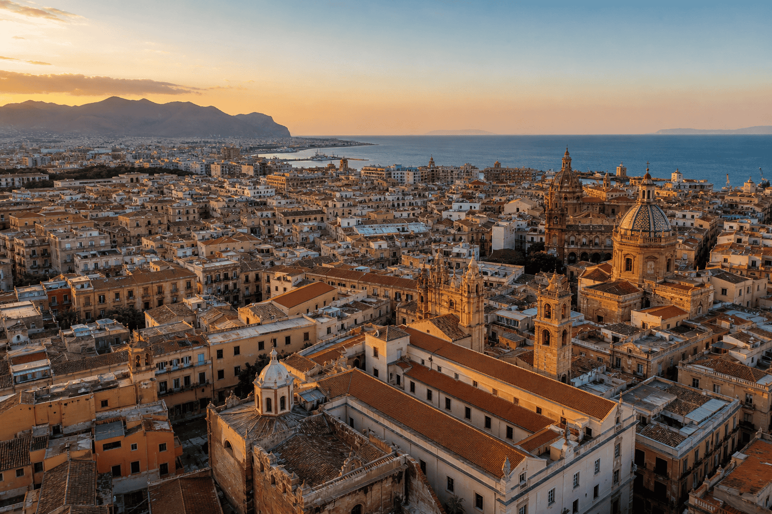 Panoramica di Palermo con il mare e le montagne sullo sfondo al tramonto, evidenziando l'architettura storica e il paesaggio urbano.