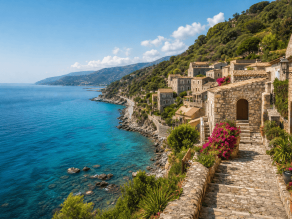 Paesaggio costiero di Messina con case in pietra e vista sul mare cristallino.