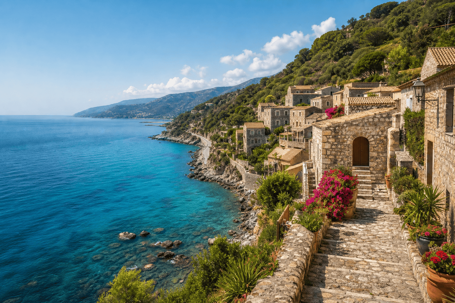 Paesaggio costiero di Messina con case in pietra e vista sul mare cristallino.