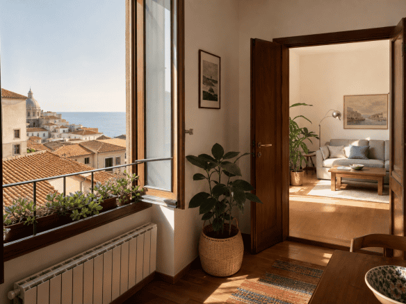 Vista panoramica sulla città e sul mare dal soggiorno di un appartamento con arredamento accogliente e piante verdi.