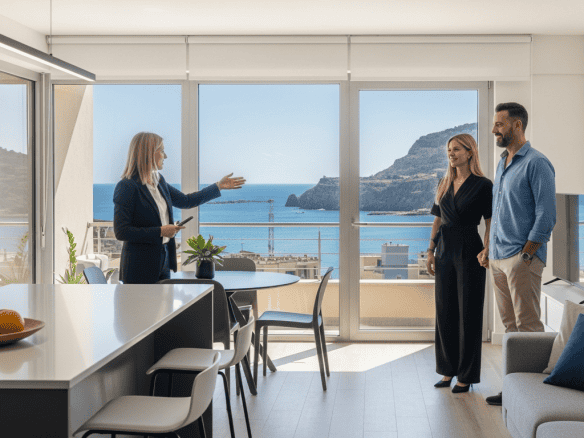Agente immobiliare che spiega a una coppia in un appartamento con vista mare.