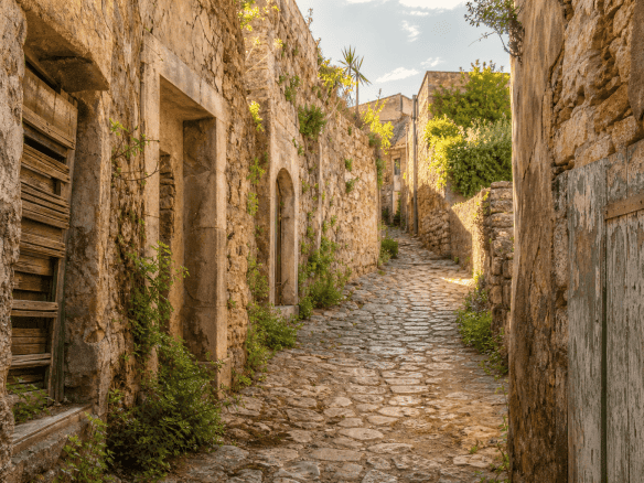 Strada storica in pietra con edifici antichi e vegetazione, esempio di immobili dimenticati nei centri storici italiani.