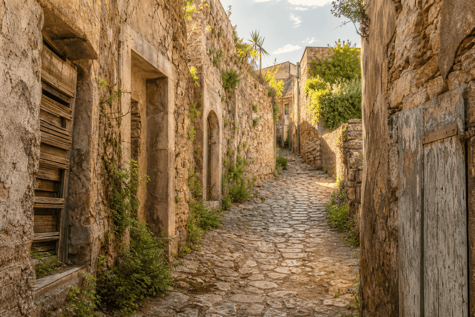 Strada storica in pietra con edifici antichi e vegetazione, esempio di immobili dimenticati nei centri storici italiani.