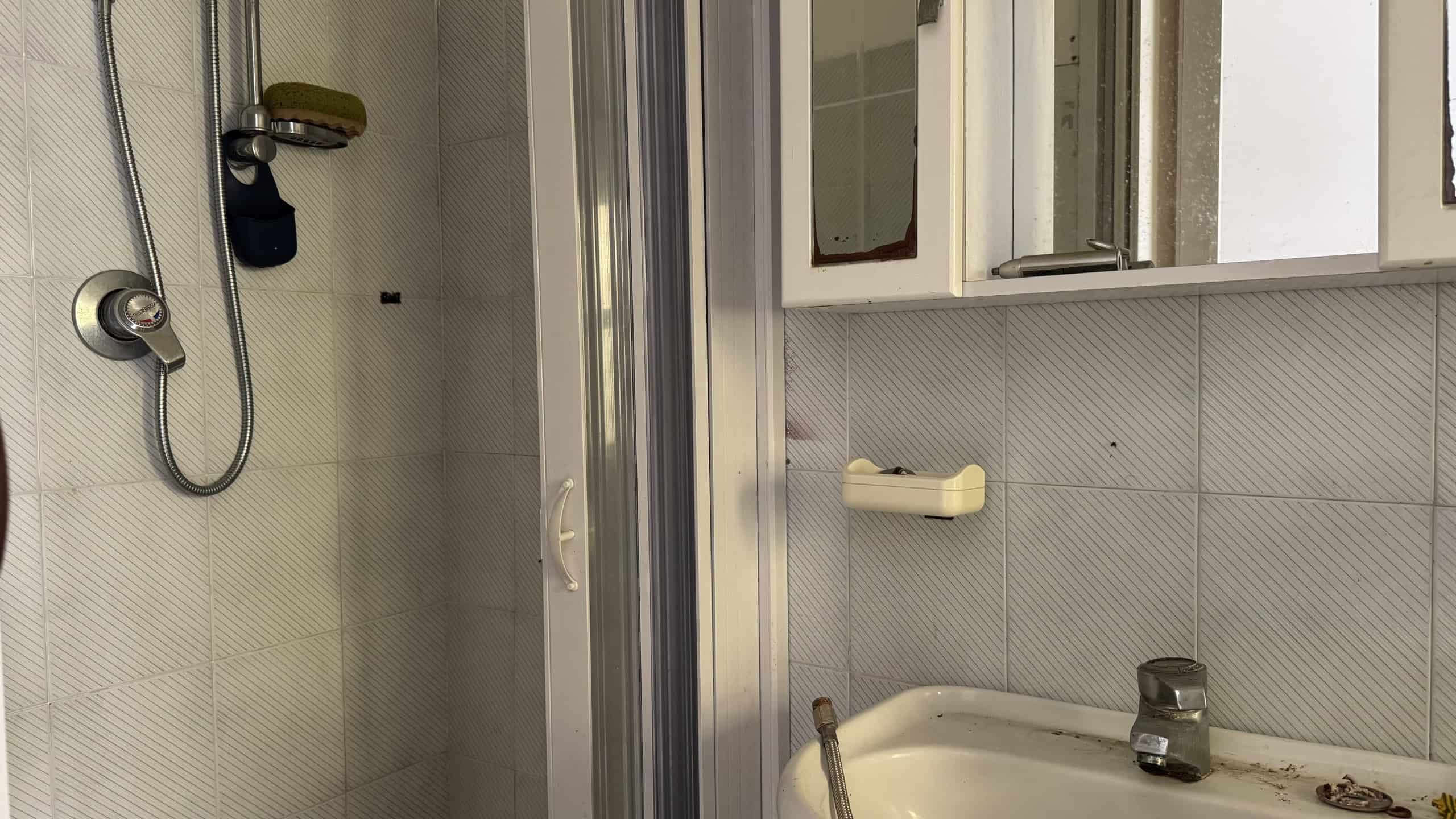 Ampia doccia con pareti in vetro e rubinetto moderno in un bagno luminoso e pulito.