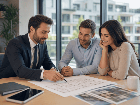 Professionisti immobiliari che discutono un progetto di acquisto in ufficio moderno e luminoso.
