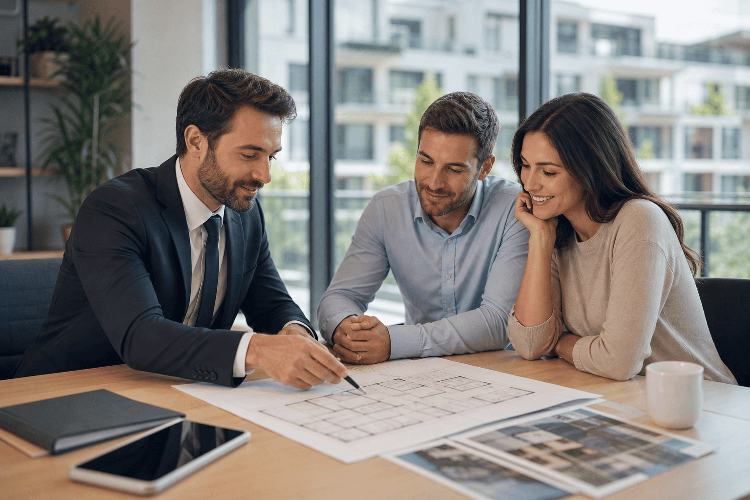 Professionisti immobiliari che discutono un progetto di acquisto in ufficio moderno e luminoso.