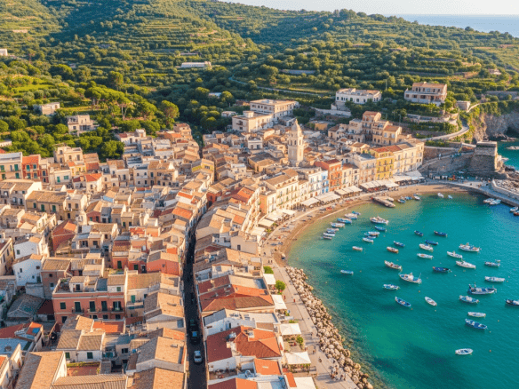 Veduta aerea di un pittoresco villaggio costiero a Messina con case colorate e porto con barche.