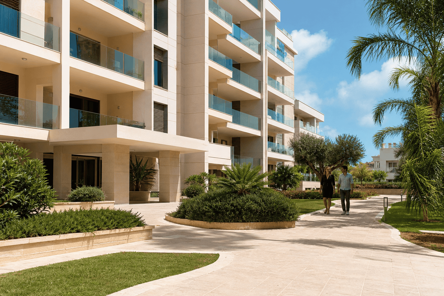 Residenza moderna con balconi e giardini ben curati, ideale per acquisti immobiliari in contesti condominiali.