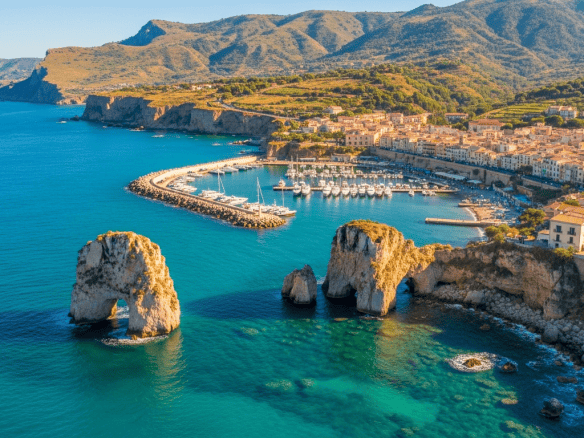 Panoramica della costa di Capo d'Orlando con scogli e mare cristallino, vista sulle montagne sullo sfondo.