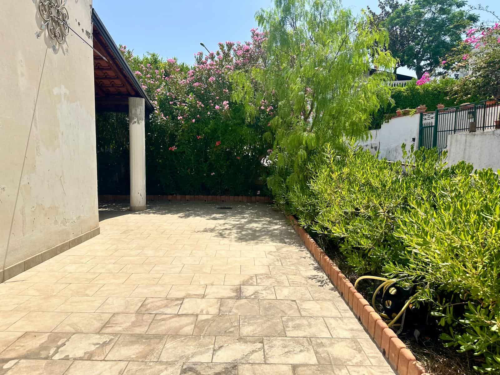Giardino esterno con piante e alberi, pavimentazione in pietra, zona relax all'aperto, ambiente tranquillo e verdeggiante.