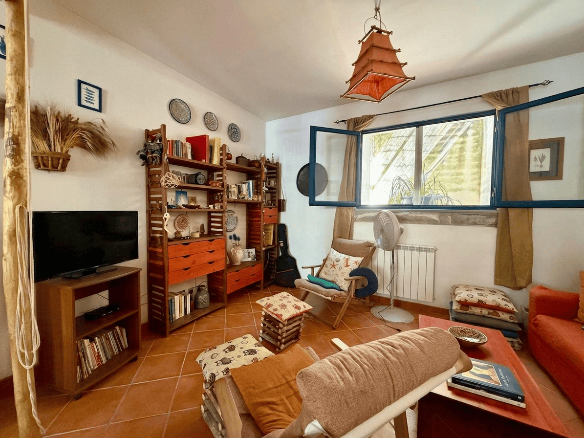 Soggiorno accogliente con libreria in legno, divani, e grande finestra che lascia entrare molta luce naturale, decorato con oggetti d'arredo e piante.