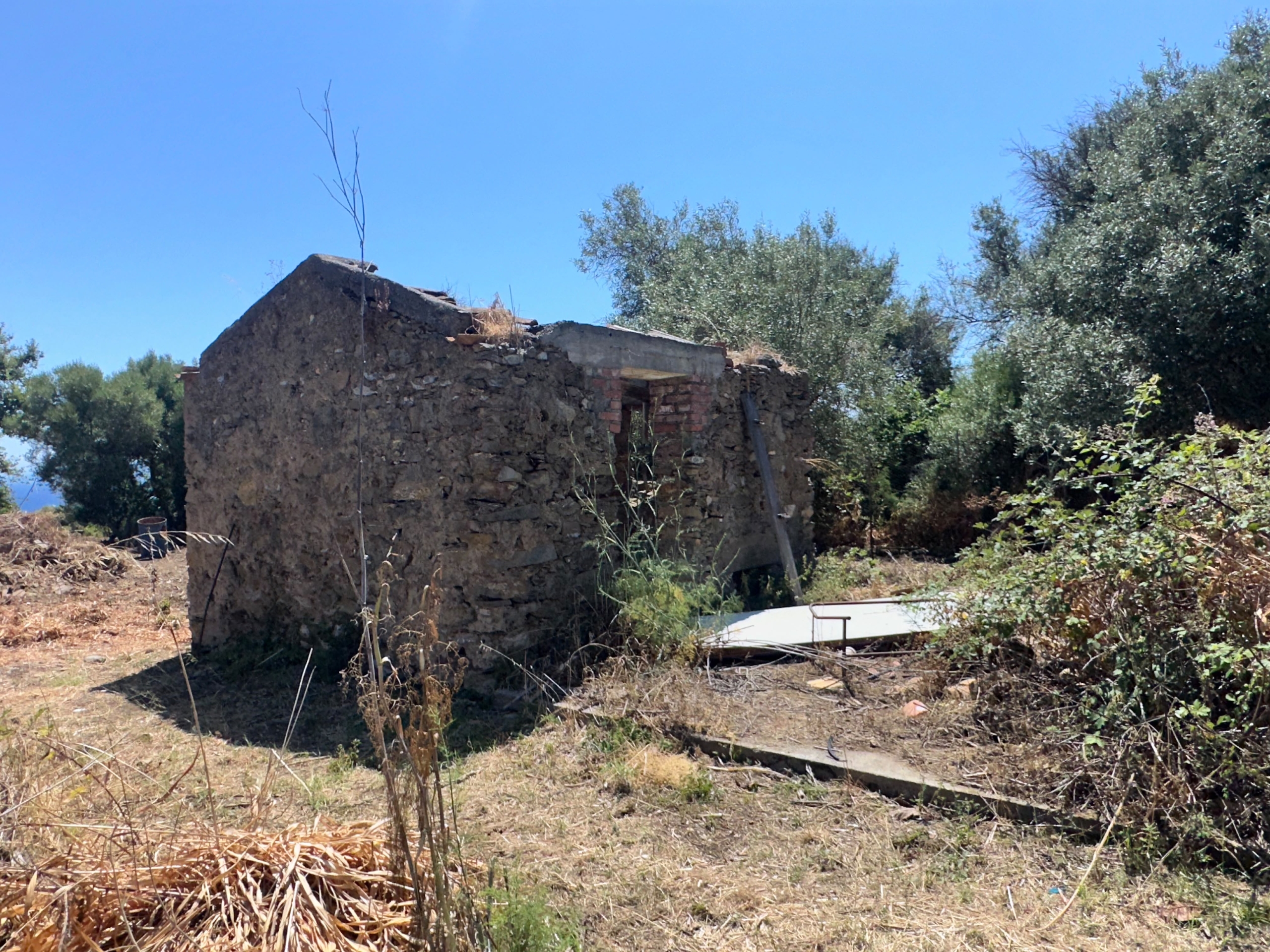 Rustico in pietra abbandonato in campagna con vegetazione circostante e cielo sereno.