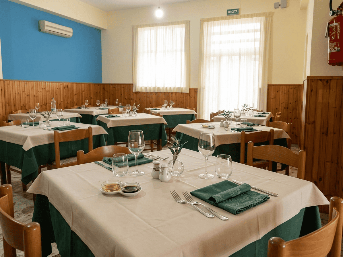 Interno di un ristorante con tavoli apparecchiati, pareti in legno e grandi finestre che lasciano entrare luce naturale.