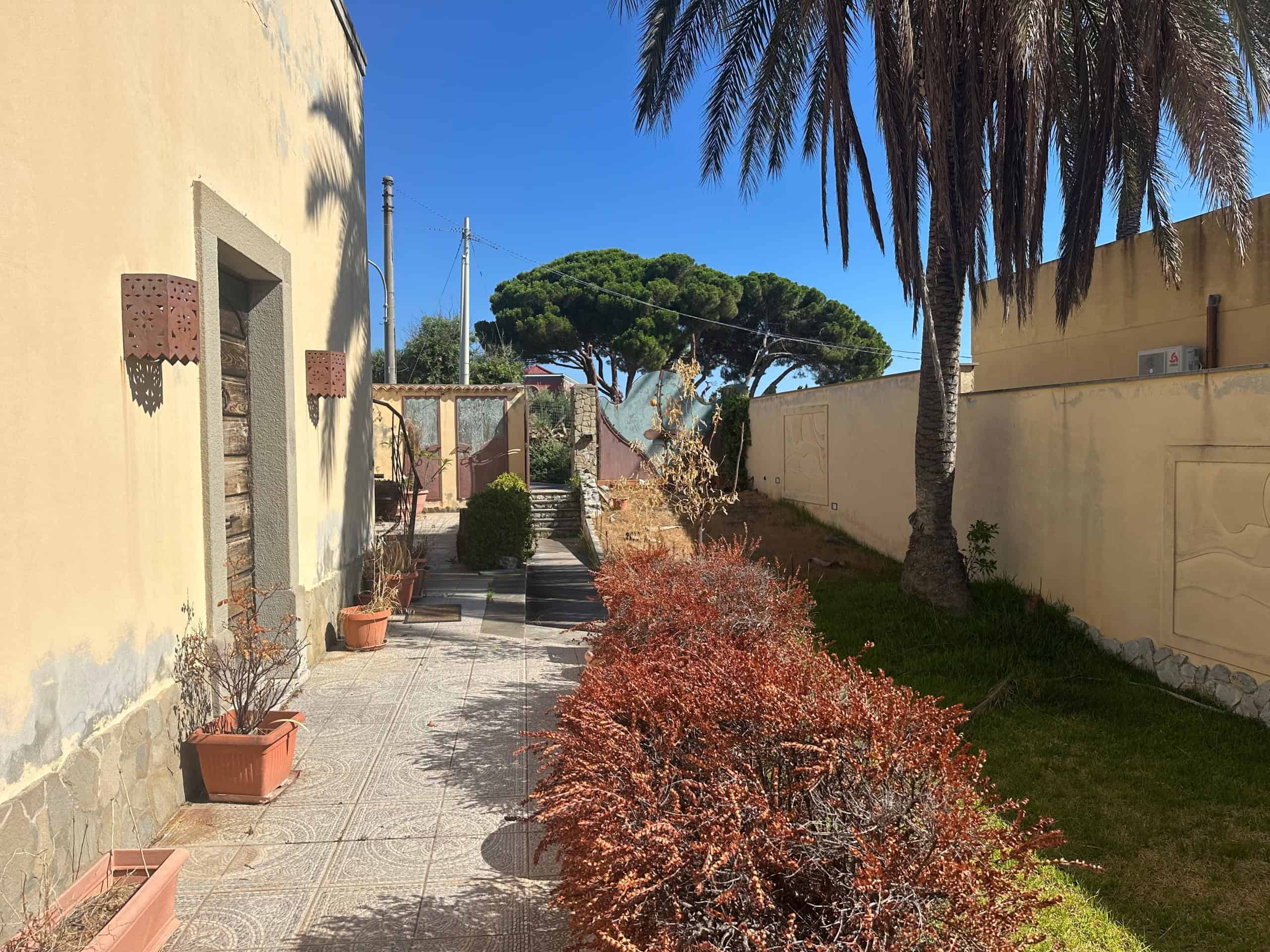 Giardino e percorso esterno di una villa in vendita a Milazzo, con piante e alberi tropicali.