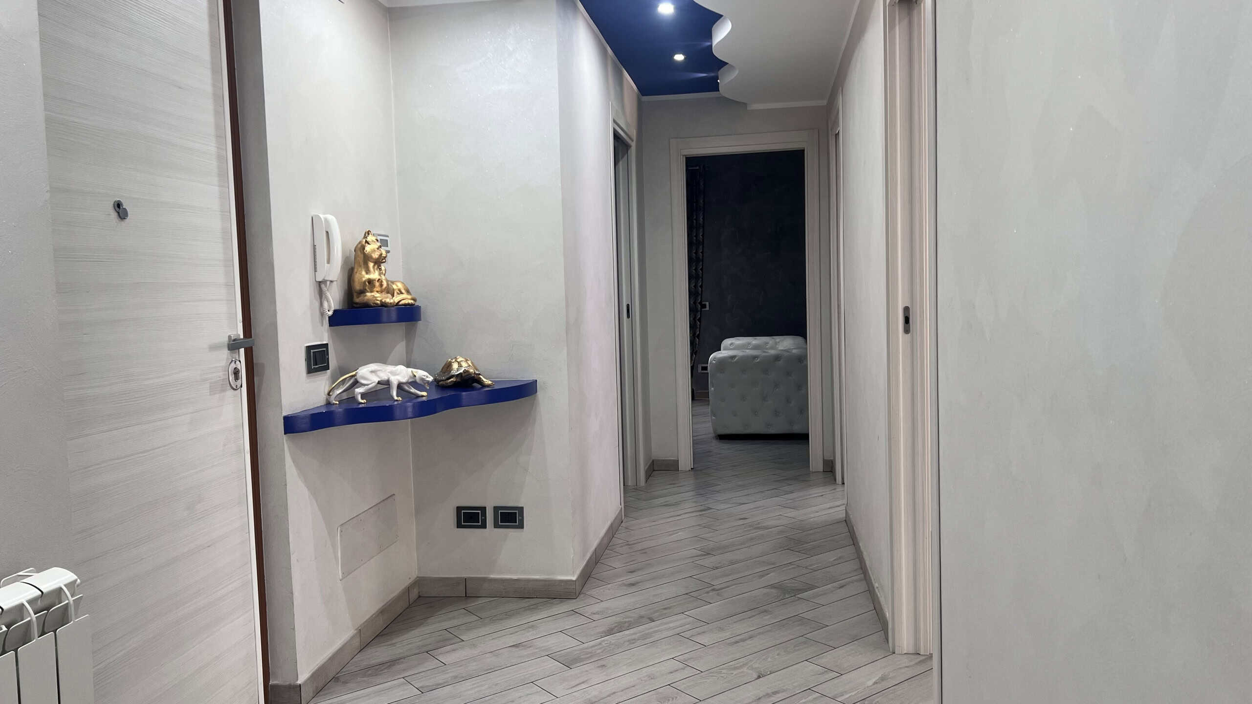 Ingresso di un appartamento moderno con pareti bianche, pavimento in gres effetto legno e decorazioni minimaliste.