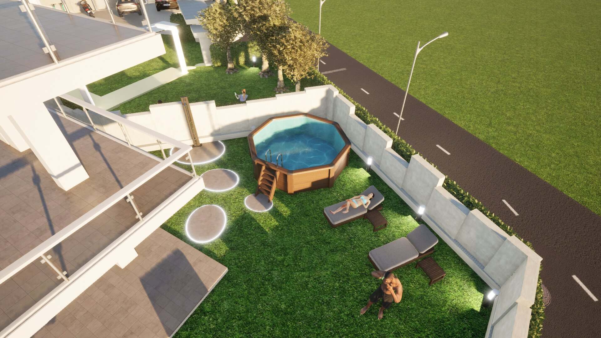 Piscina idromassaggio all'aperto con area relax e lettini in un complesso residenziale a Capo D'Orlando.