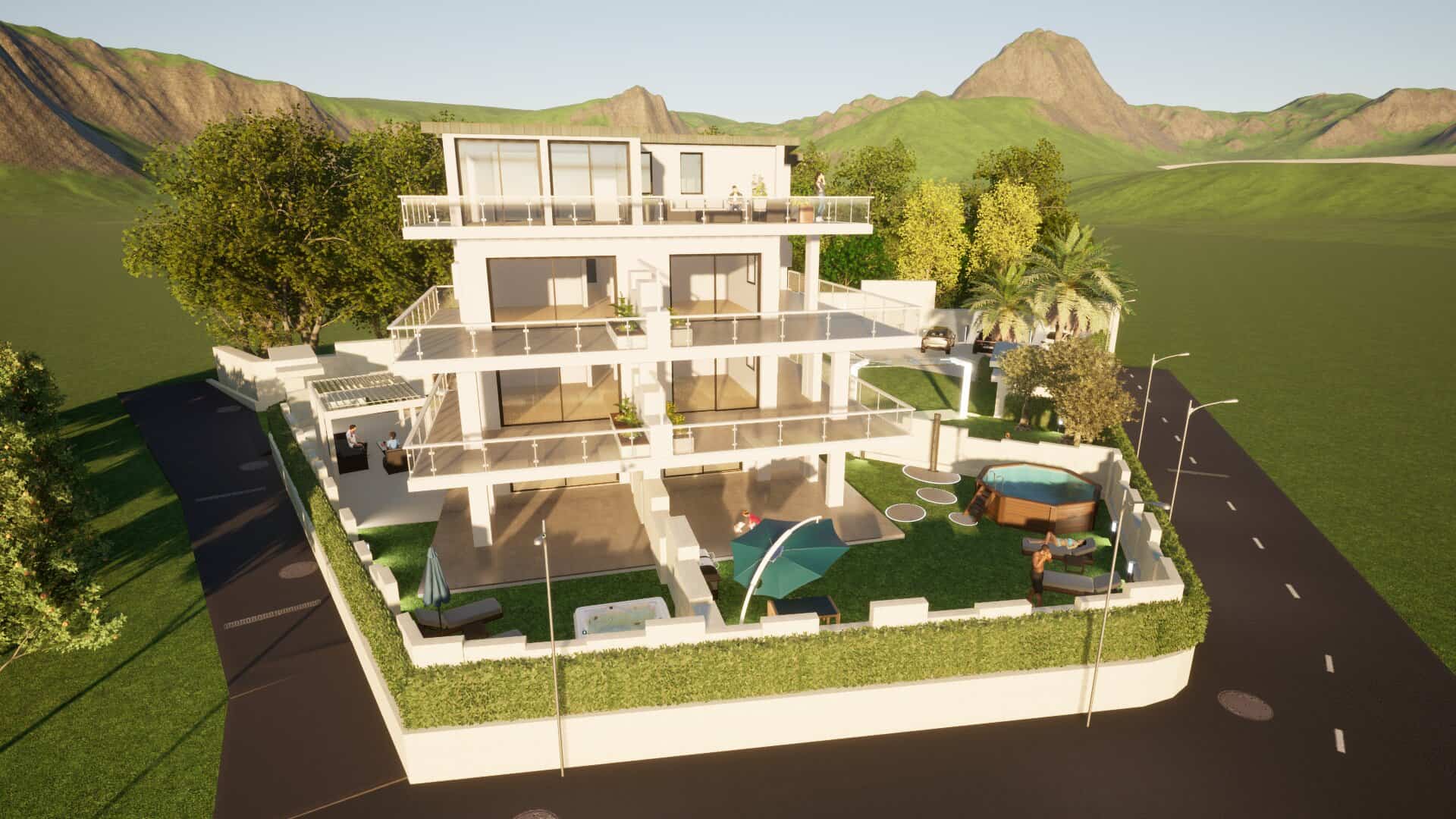 Villa moderna con ampi terrazzi, piscina e giardino a Capo D'Orlando, ME, con vista sulle montagne circostanti.