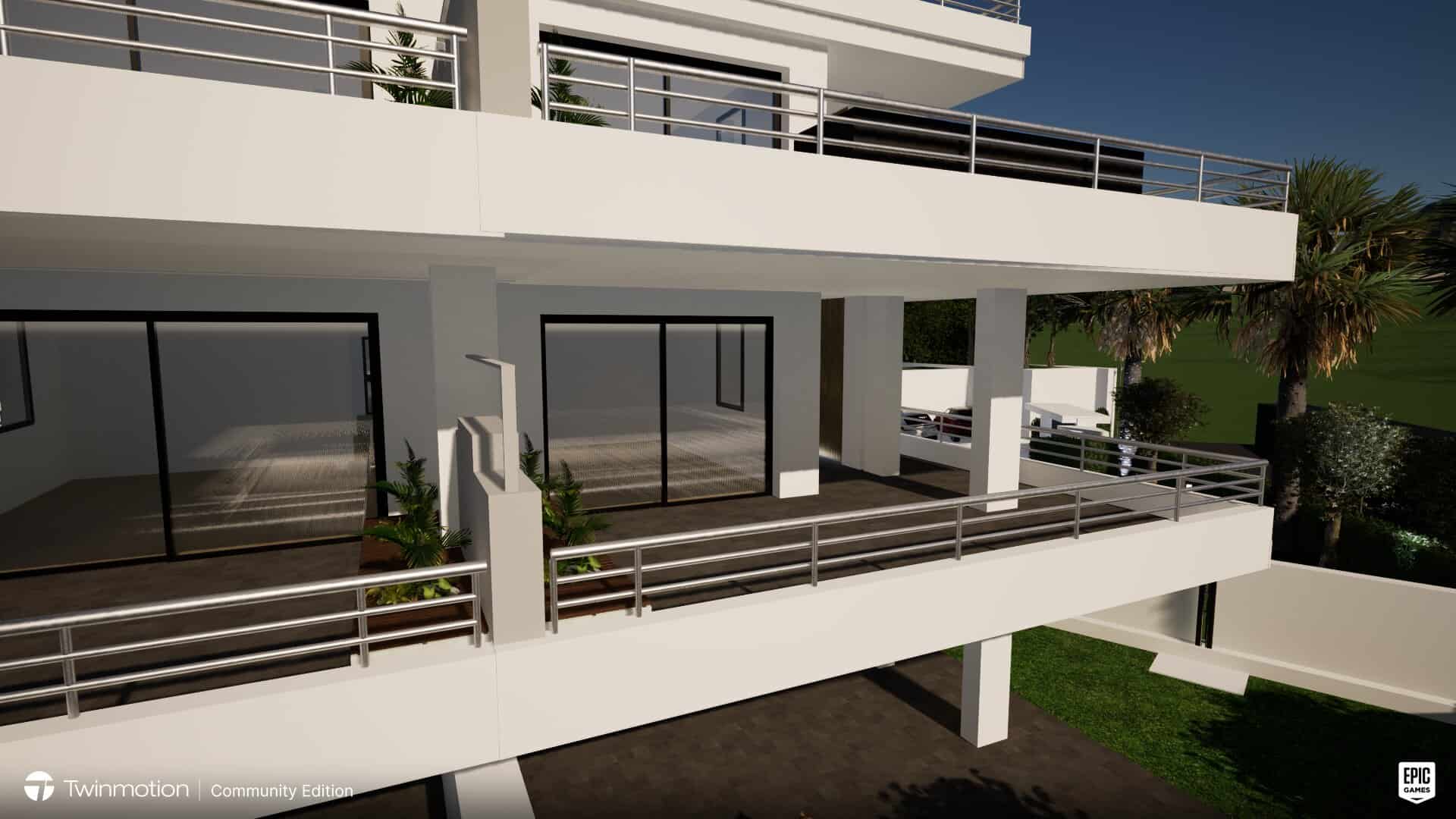 Balcone di un appartamento moderno con ringhiera in metallo e grandi finestre scorrevoli, vista su giardino e palme.