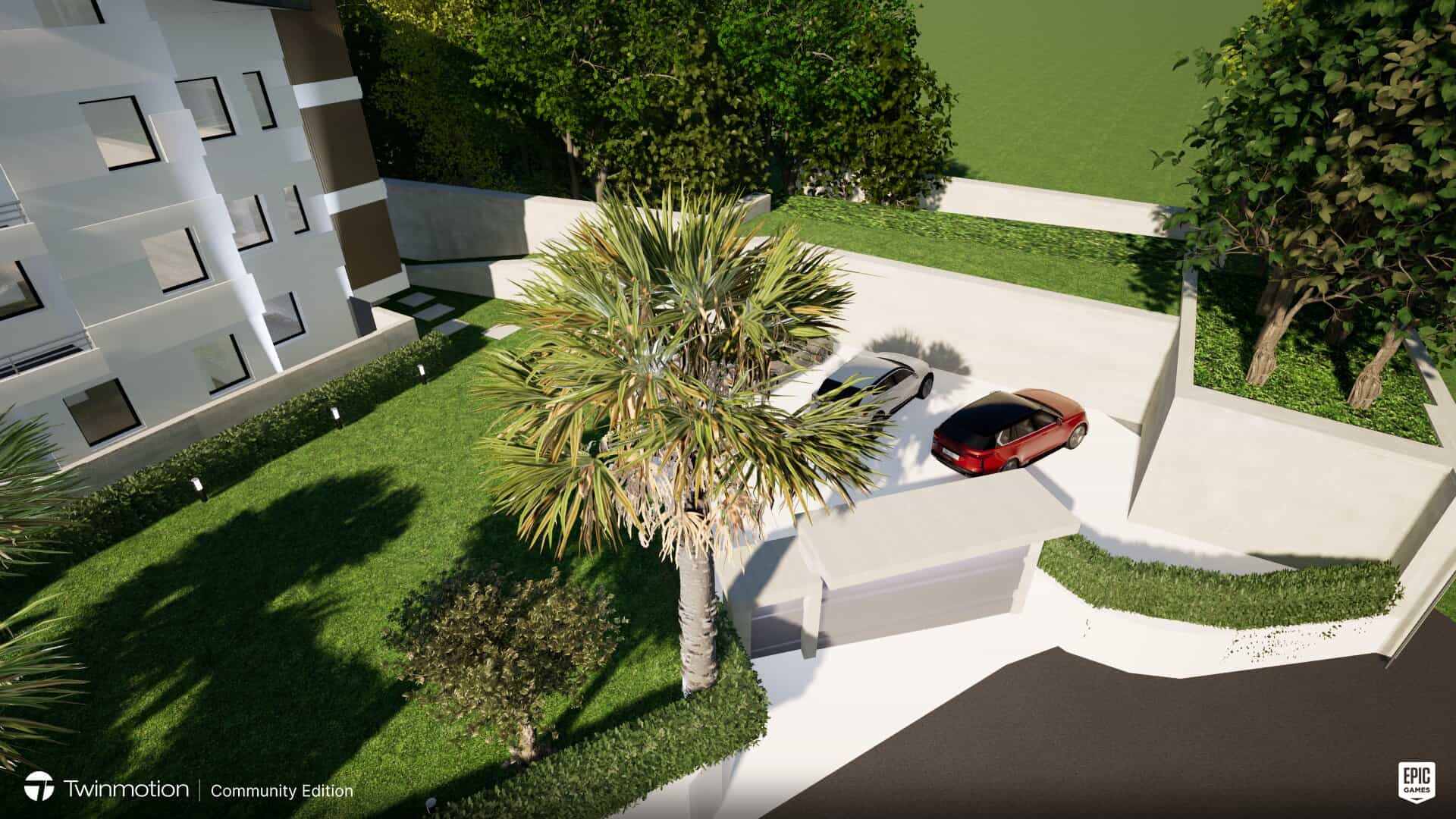 Vista aerea di un complesso residenziale con giardini curati e parcheggi, vicino a aree verdi e alberi.