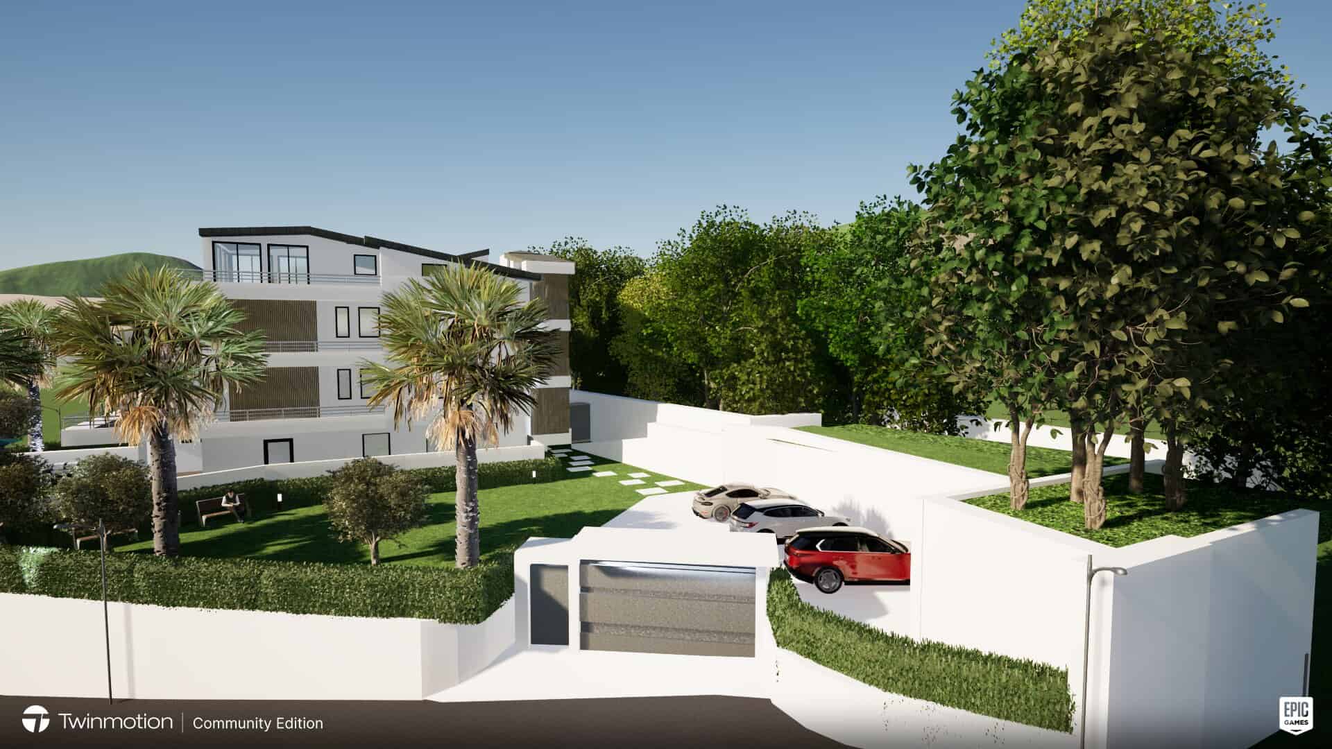 Vista esterna di un complesso residenziale con palme, alberi e parcheggio in Via C.da Catutè, Capo D'Orlando, ME.