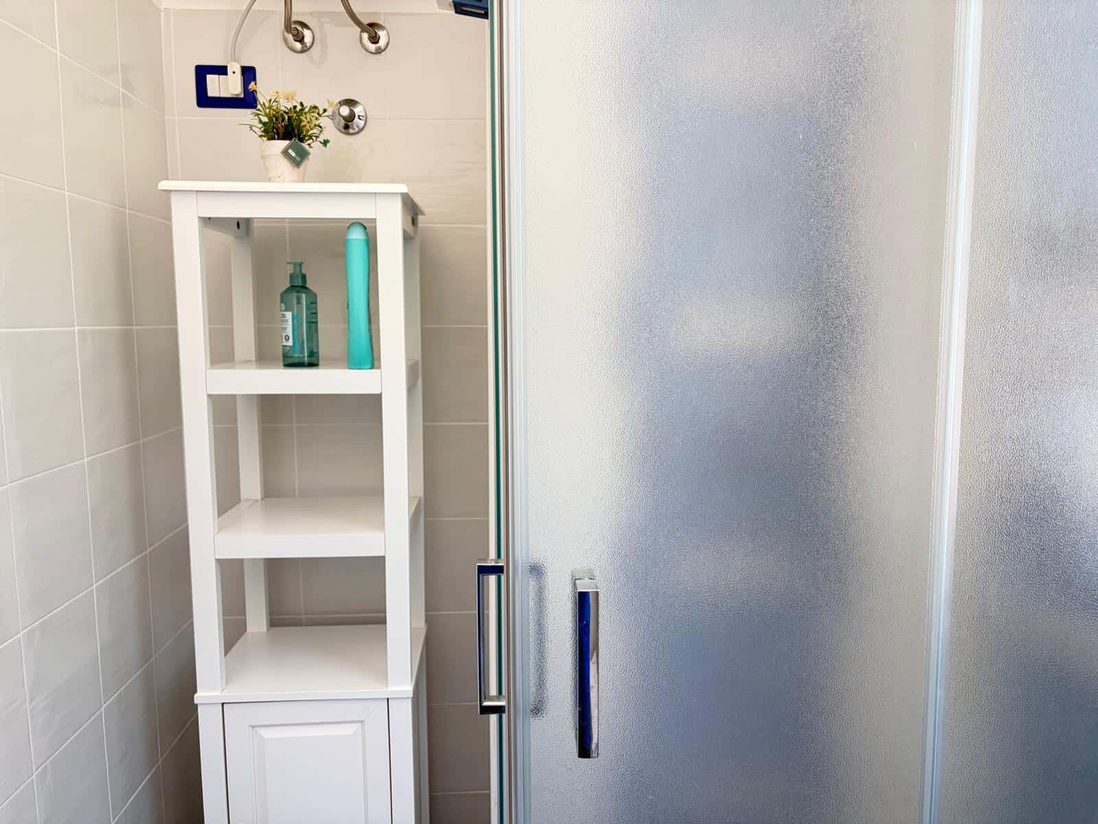 Armadio bianco in bagno con accessori e piante, porta in vetro opaco.
