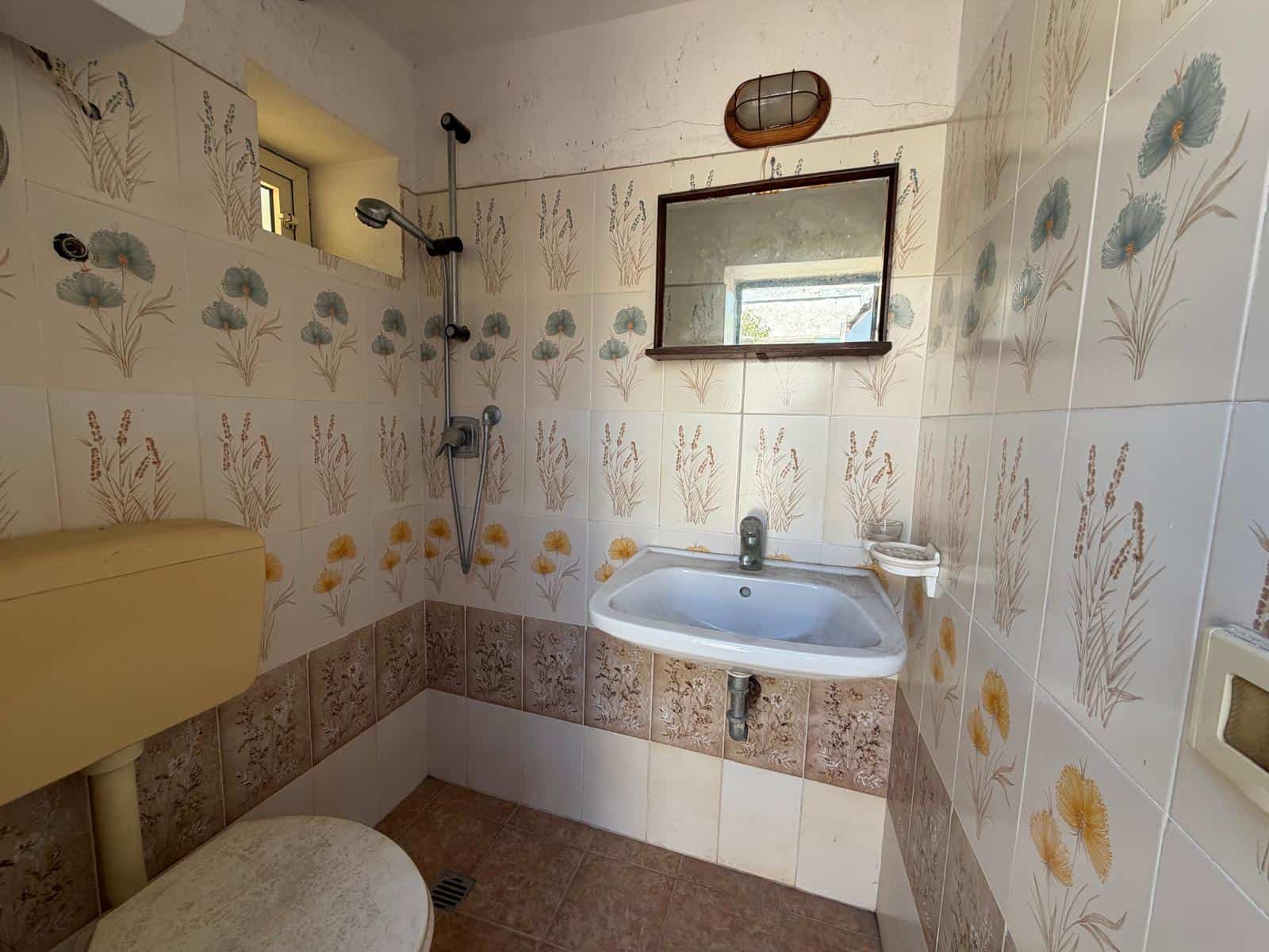 Bagno con piastrelle decorative con motivi di piante e fiori, lavabo, specchio e doccia, ambiente semplice e funzionale.