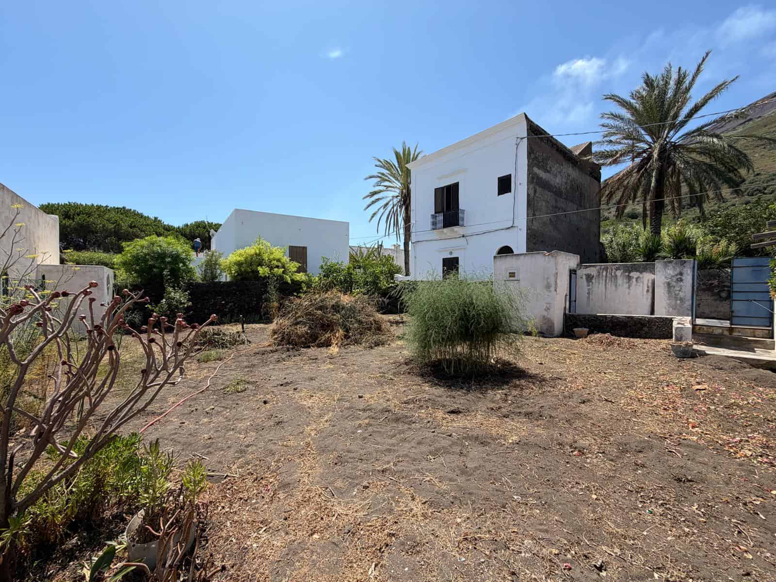 Casa moderna bianca con giardino e palme sotto un cielo sereno, vista panoramica sulla zona residenziale di NextCasa.