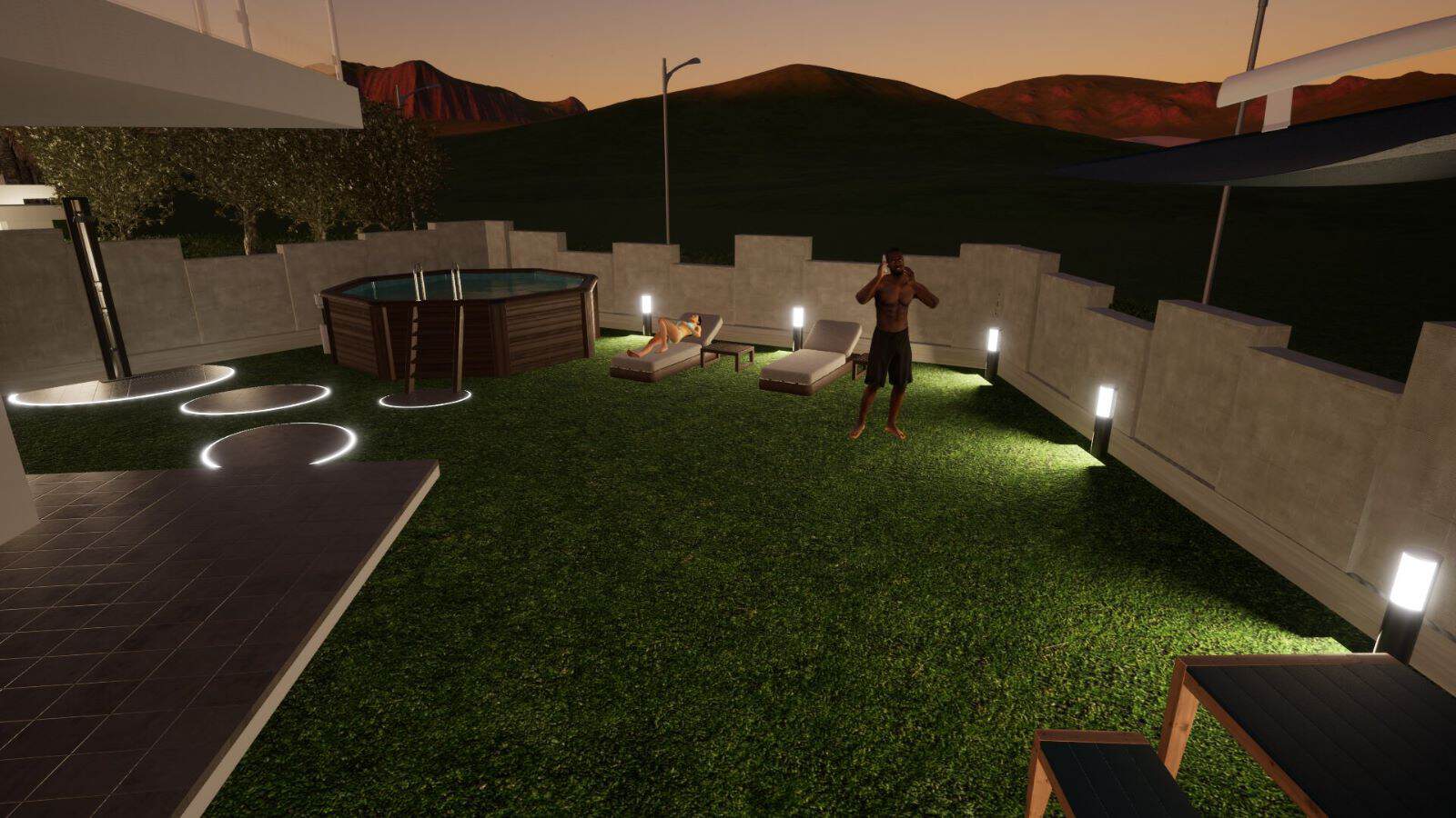 Terrazza panoramica con jacuzzi, sedie e illuminazione notturna, vista sulle colline al tramonto.