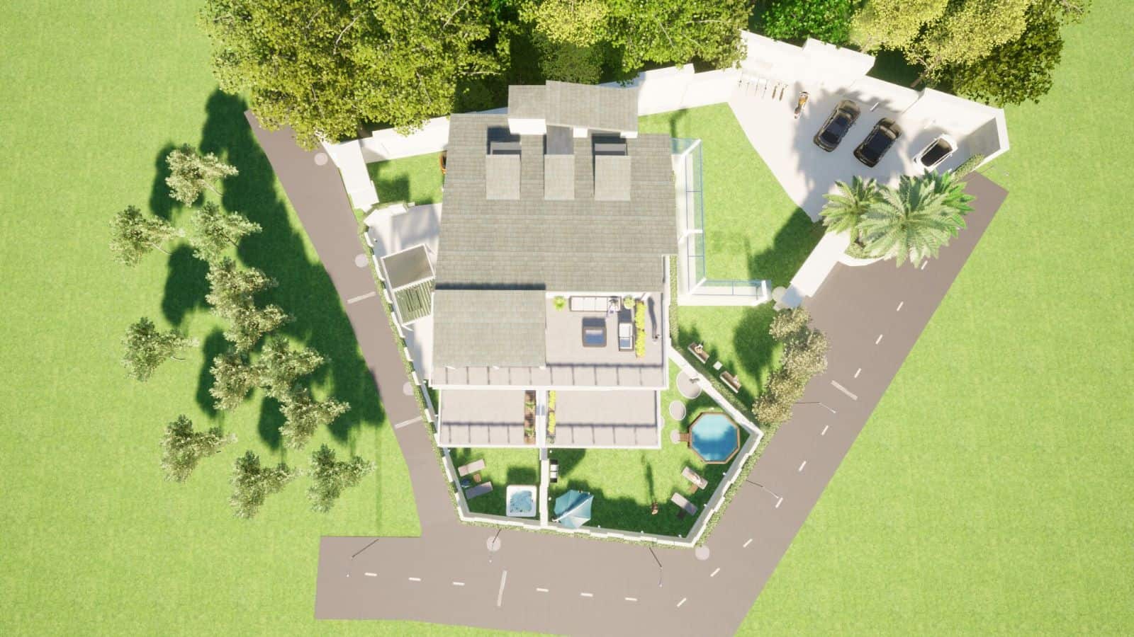 Vista aerea di un appartamento con giardino e piscina a Capo D'Orlando, ME.