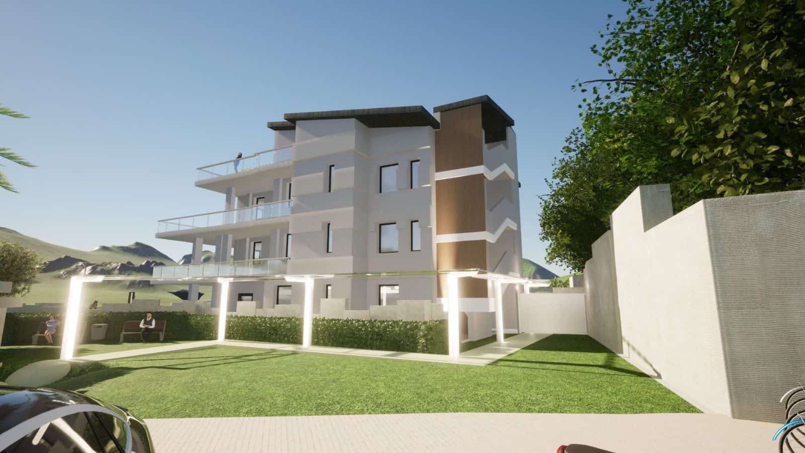 Nuovo complesso residenziale con appartamenti moderni a Capo D'Orlando, vista esterna con giardino e balconi.