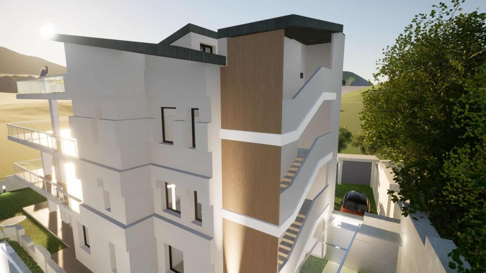 Prospettiva moderna di un appartamento in C.da Catutè, Capo D'Orlando, con design contemporaneo e scale esterne.