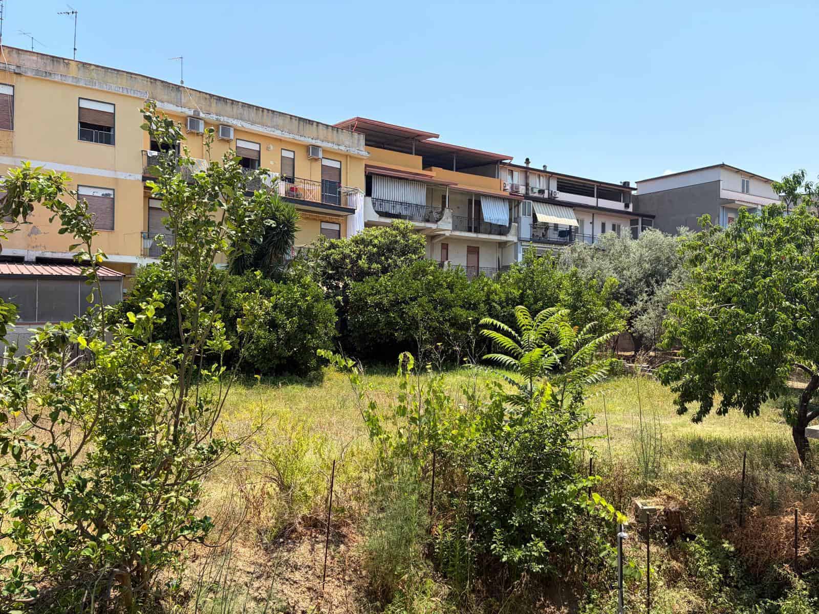 Terreno edificabile in zona residenziale a Oliveri, con vegetazione e edifici sullo sfondo.