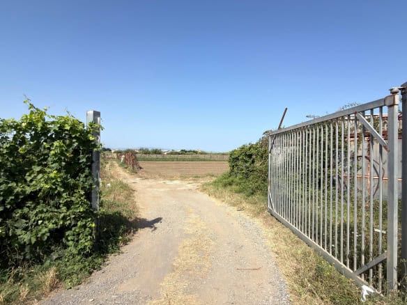 Ingresso di una strada sterrata tra siepi verdi e una recinzione metallica, con un cielo azzurro e senza nuvole, in un'area rurale.